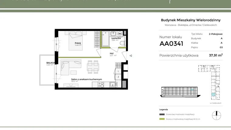 Rzut - Mieszkanie na sprzedaż 2 pokoje o powierzchni 37,91 m² - numer AA0341 w Orneko