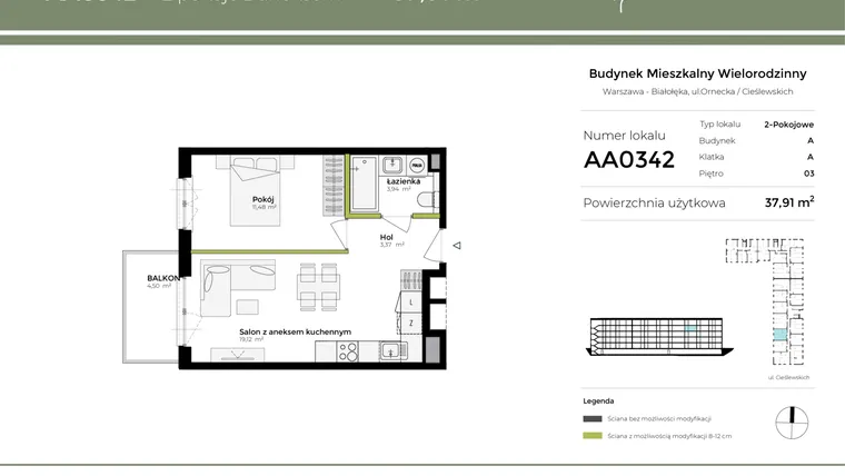 Rzut - Mieszkanie na sprzedaż 2 pokoje o powierzchni 37,91 m² - numer AA0342 w Orneko