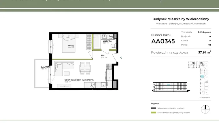 Rzut - Mieszkanie na sprzedaż 2 pokoje o powierzchni 37,91 m² - numer AA0345 w Orneko