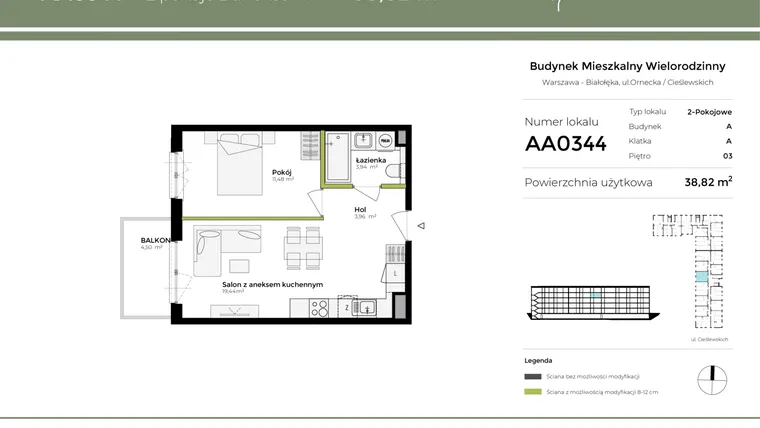 Rzut - Mieszkanie na sprzedaż 2 pokoje o powierzchni 38,83 m² - numer AA0344 w Orneko