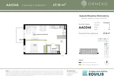 Rzut - Mieszkanie na sprzedaż 2 pokoje o powierzchni 47,16 m² - numer AA0346 w Orneko