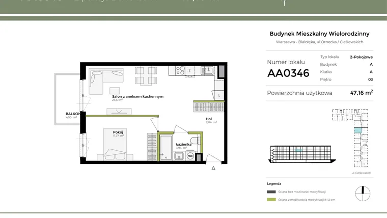 Rzut - Mieszkanie na sprzedaż 2 pokoje o powierzchni 47,16 m² - numer AA0346 w Orneko