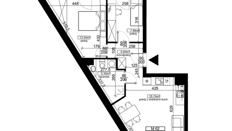 Rzut - Mieszkanie na sprzedaż 3 pokoje o powierzchni 57,91 m² - numer 62 w Ubocze
