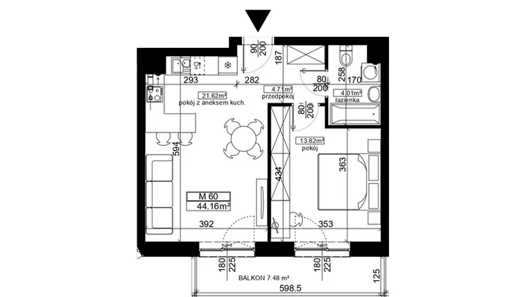 Rzut - Mieszkanie na sprzedaż 2 pokoje o powierzchni 44,16 m² - numer 60 w Ubocze