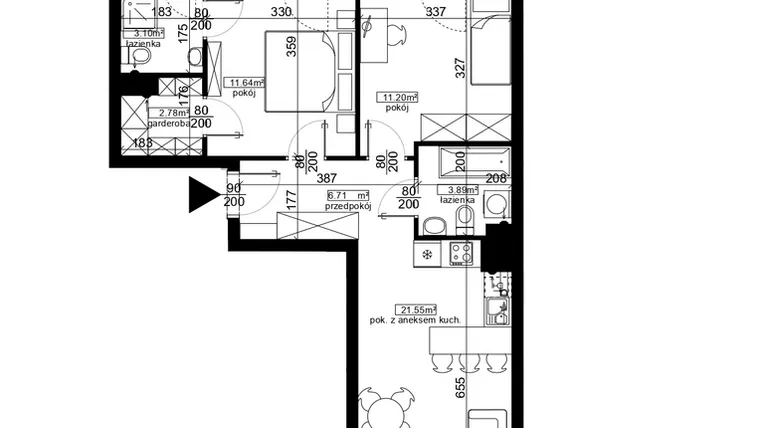 Rzut - Mieszkanie na sprzedaż 3 pokoje o powierzchni 60,87 m² - numer 64 w Ubocze
