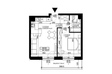 Rzut - Mieszkanie na sprzedaż 2 pokoje o powierzchni 44,16 m² - numer 63 w Ubocze