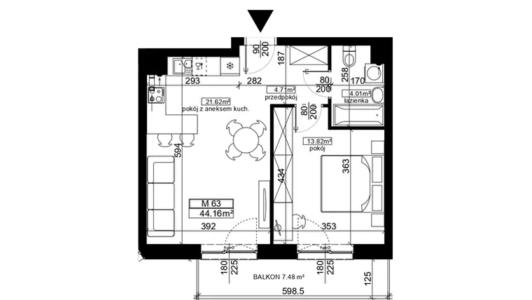 Rzut - Mieszkanie na sprzedaż 2 pokoje o powierzchni 44,16 m² - numer 63 w Ubocze