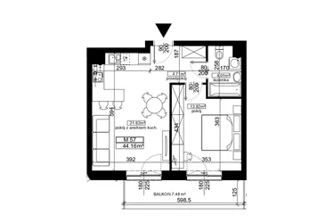 Rzut - Mieszkanie na sprzedaż 2 pokoje o powierzchni 44,16 m² - numer 57 w Ubocze