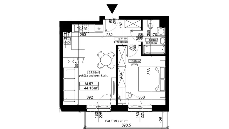 Rzut - Mieszkanie na sprzedaż 2 pokoje o powierzchni 44,16 m² - numer 57 w Ubocze