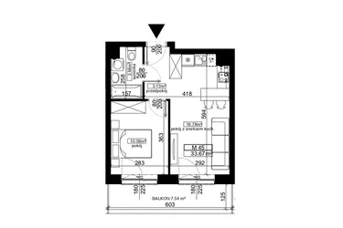 Rzut - Mieszkanie na sprzedaż 2 pokoje o powierzchni 33,67 m² - numer 45 w Ubocze