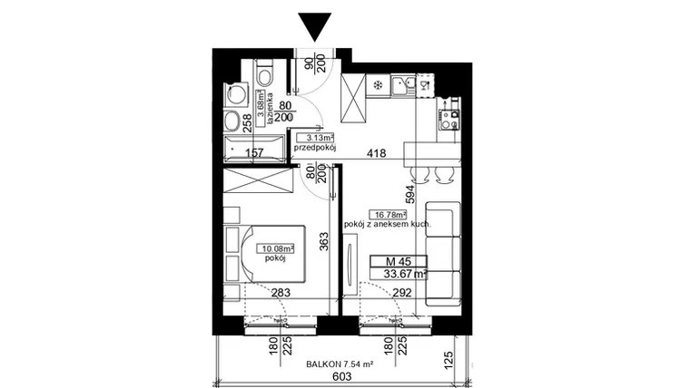 Rzut - Mieszkanie na sprzedaż 2 pokoje o powierzchni 33,67 m² - numer 45 w Ubocze