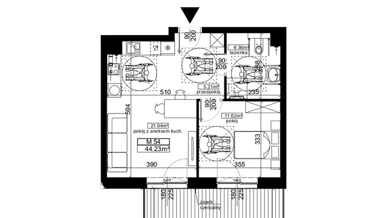 Rzut - Mieszkanie na sprzedaż 2 pokoje o powierzchni 44,23 m² - numer 54 w Ubocze