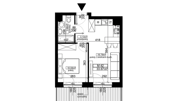 Rzut - Mieszkanie na sprzedaż 2 pokoje o powierzchni 33,67 m² - numer 42 w Ubocze