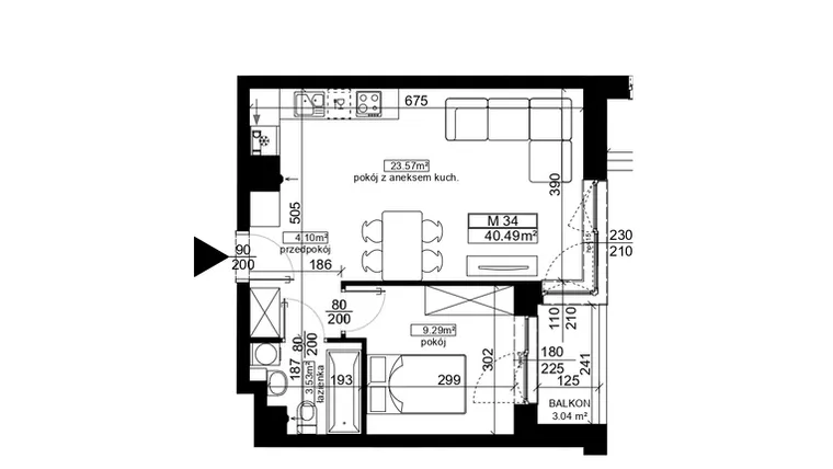 Rzut - Mieszkanie na sprzedaż 2 pokoje o powierzchni 40,49 m² - numer 34 w Ubocze