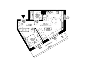 Rzut - Mieszkanie na sprzedaż 2 pokoje o powierzchni 39,55 m² - numer 33 w Ubocze