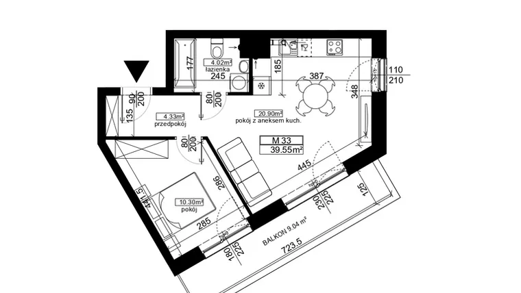 Rzut - Mieszkanie na sprzedaż 2 pokoje o powierzchni 39,55 m² - numer 33 w Ubocze