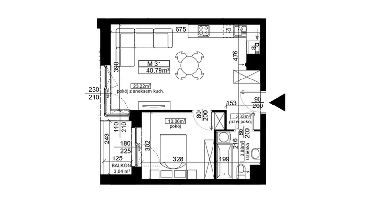 Rzut - Mieszkanie na sprzedaż 2 pokoje o powierzchni 40,87 m² - numer 31 w Ubocze