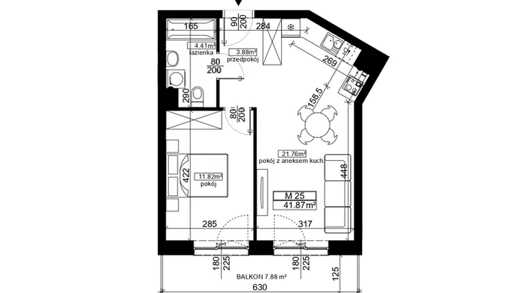 Rzut - Mieszkanie na sprzedaż 2 pokoje o powierzchni 41,87 m² - numer 25 w Ubocze