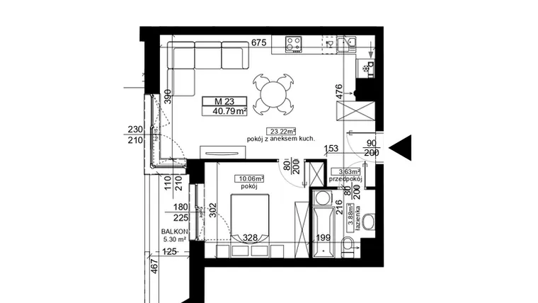 Rzut - Mieszkanie na sprzedaż 2 pokoje o powierzchni 40,87 m² - numer 23 w Ubocze