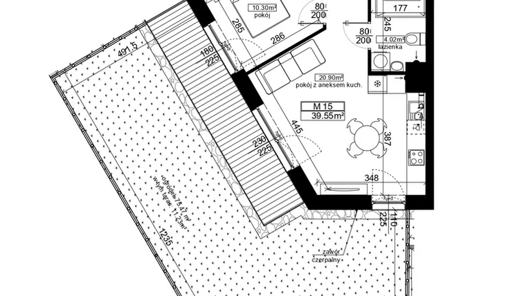 Rzut - Mieszkanie na sprzedaż 2 pokoje o powierzchni 39,55 m² - numer 15 w Ubocze