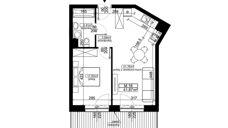 Rzut - Mieszkanie na sprzedaż 2 pokoje o powierzchni 41,87 m² - numer 16 w Ubocze