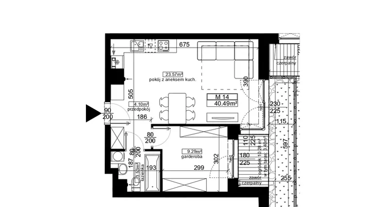 Rzut - Mieszkanie na sprzedaż 2 pokoje o powierzchni 40,49 m² - numer 14 w Ubocze