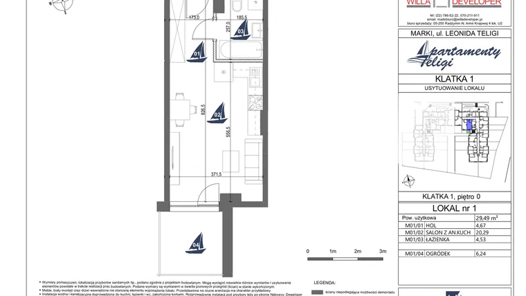 Rzut - Mieszkanie na sprzedaż 1 pokój o powierzchni 29,49 m² - numer 1 w Apartamenty Teligi