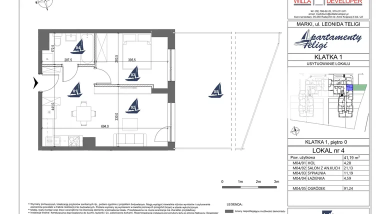 Rzut - Mieszkanie na sprzedaż 2 pokoje o powierzchni 41,19 m² - numer 4 w Apartamenty Teligi