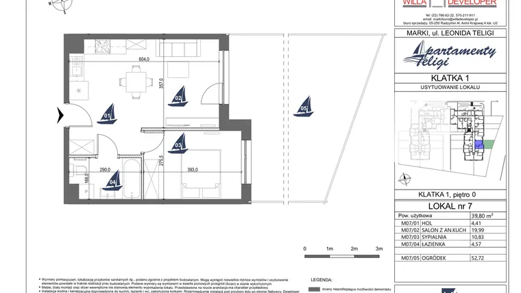 Rzut - Mieszkanie na sprzedaż 2 pokoje o powierzchni 39,8 m² - numer 7 w Apartamenty Teligi