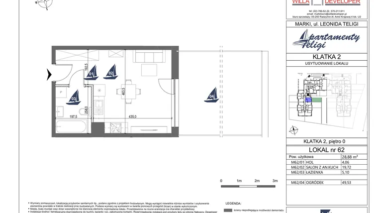 Rzut - Mieszkanie na sprzedaż 1 pokój o powierzchni 28,88 m² - numer 62 w Apartamenty Teligi