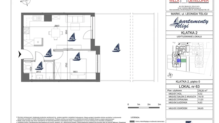 Rzut - Mieszkanie na sprzedaż 2 pokoje o powierzchni 39,26 m² - numer 63 w Apartamenty Teligi