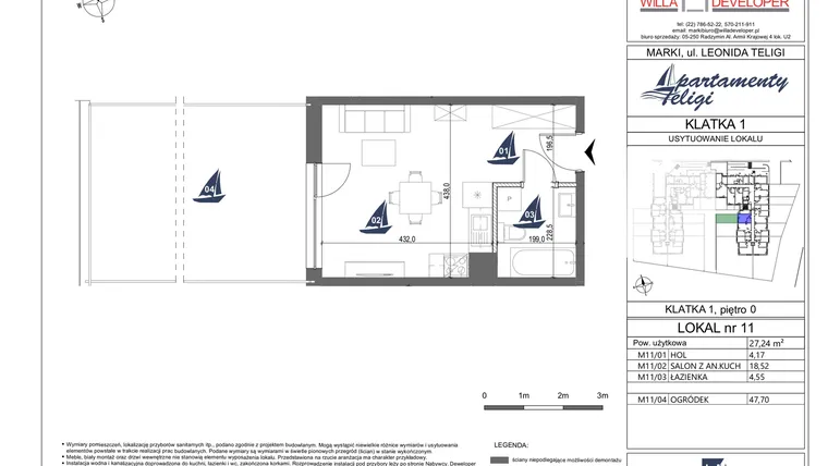 Rzut - Mieszkanie na sprzedaż 1 pokój o powierzchni 27,24 m² - numer 11 w Apartamenty Teligi