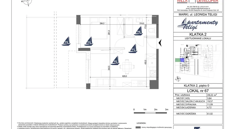 Rzut - Mieszkanie na sprzedaż 2 pokoje o powierzchni 39,22 m² - numer 67 w Apartamenty Teligi