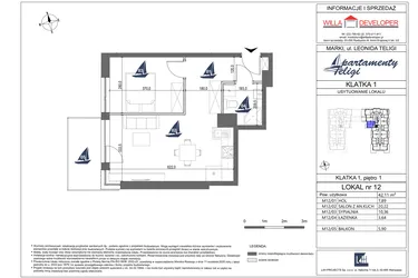 Rzut - Mieszkanie na sprzedaż 2 pokoje o powierzchni 42,11 m² - numer 12 w Apartamenty Teligi
