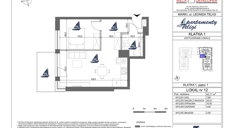 Rzut - Mieszkanie na sprzedaż 2 pokoje o powierzchni 42,11 m² - numer 12 w Apartamenty Teligi
