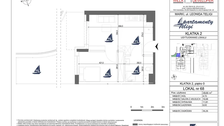 Rzut - Mieszkanie na sprzedaż 2 pokoje o powierzchni 38,66 m² - numer 68 w Apartamenty Teligi