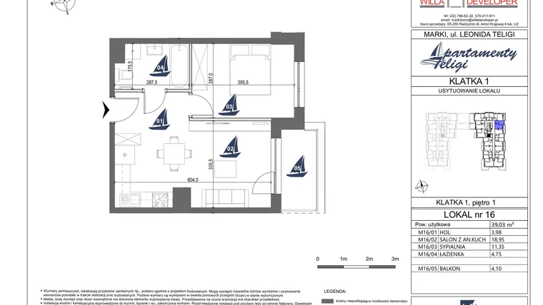 Rzut - Mieszkanie na sprzedaż 2 pokoje o powierzchni 39,03 m² - numer 16 w Apartamenty Teligi