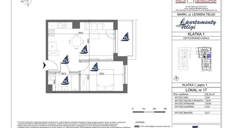 Rzut - Mieszkanie na sprzedaż 2 pokoje o powierzchni 39,19 m² - numer 17 w Apartamenty Teligi