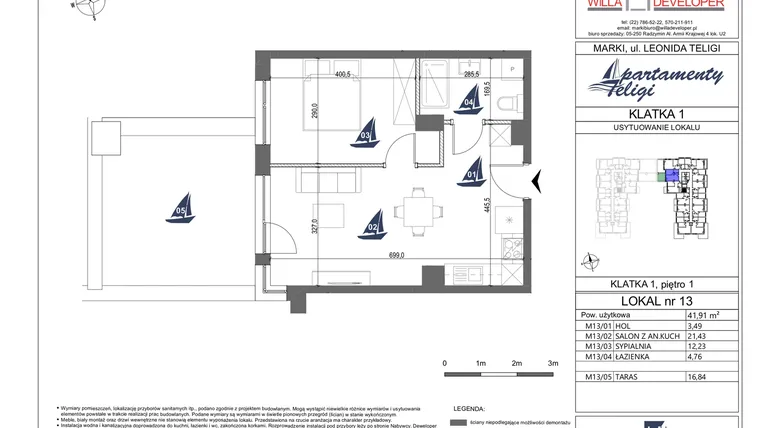 Rzut - Mieszkanie na sprzedaż 2 pokoje o powierzchni 41,91 m² - numer 13 w Apartamenty Teligi