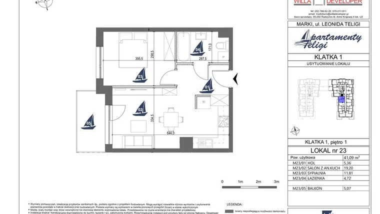 Rzut - Mieszkanie na sprzedaż 2 pokoje o powierzchni 41,09 m² - numer 23 w Apartamenty Teligi