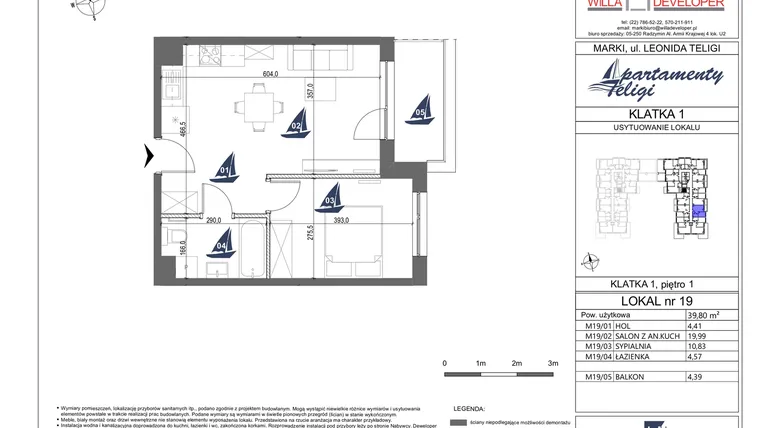 Rzut - Mieszkanie na sprzedaż 2 pokoje o powierzchni 39,8 m² - numer 19 w Apartamenty Teligi