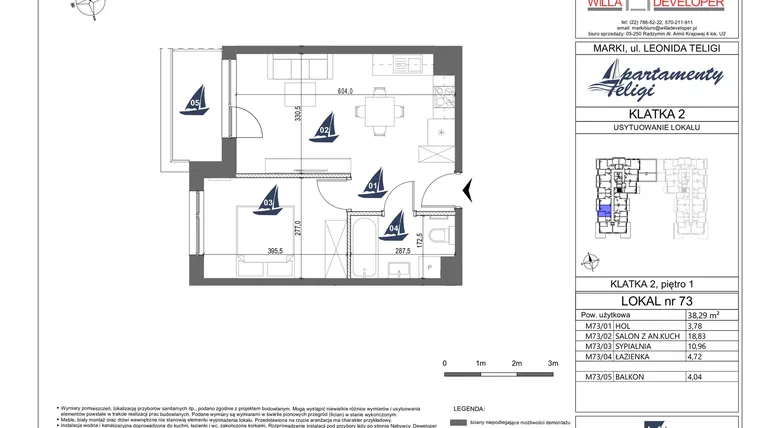 Rzut - Mieszkanie na sprzedaż 2 pokoje o powierzchni 38,29 m² - numer 73 w Apartamenty Teligi