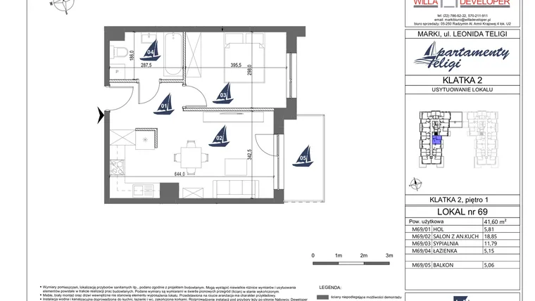 Rzut - Mieszkanie na sprzedaż 2 pokoje o powierzchni 41,6 m² - numer 69 w Apartamenty Teligi