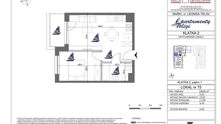 Rzut - Mieszkanie na sprzedaż 2 pokoje o powierzchni 38,66 m² - numer 75 w Apartamenty Teligi