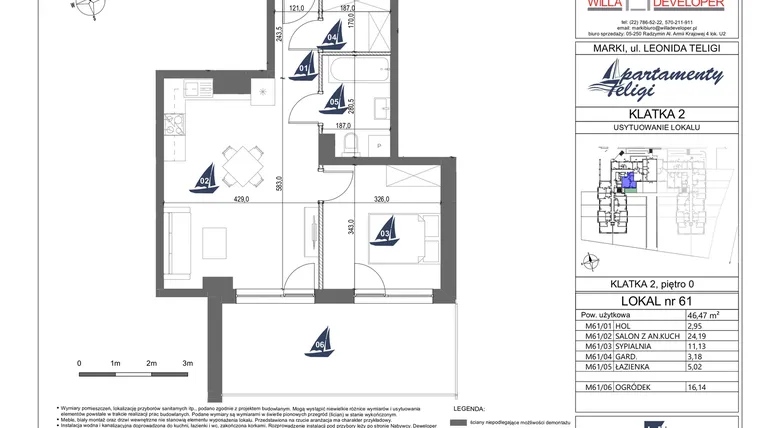 Rzut - Mieszkanie na sprzedaż 2 pokoje o powierzchni 46,47 m² - numer 61 w Apartamenty Teligi