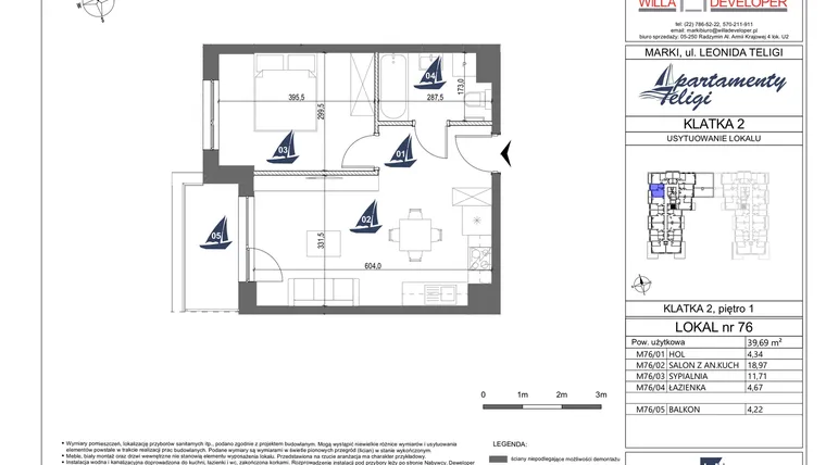 Rzut - Mieszkanie na sprzedaż 2 pokoje o powierzchni 39,69 m² - numer 76 w Apartamenty Teligi