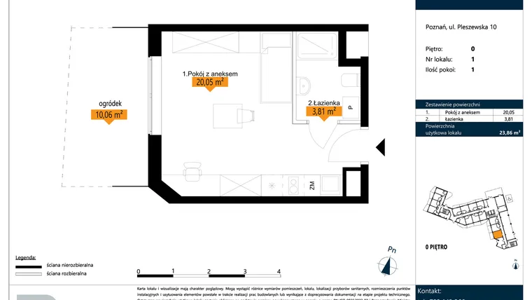 Rzut - Mieszkanie na sprzedaż 1 pokój o powierzchni 23,86 m² - numer B.0.1 w ŁACINA SPOT - apartamenty inwestycyjne