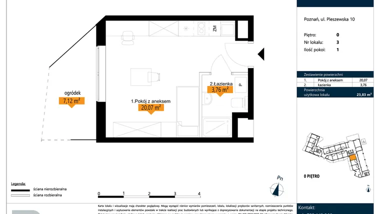 Rzut - Mieszkanie na sprzedaż 1 pokój o powierzchni 23,83 m² - numer B.0.3 w ŁACINA SPOT - apartamenty inwestycyjne
