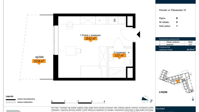 Rzut - Mieszkanie na sprzedaż 1 pokój o powierzchni 24,19 m² - numer B.0.5 w ŁACINA SPOT - apartamenty inwestycyjne