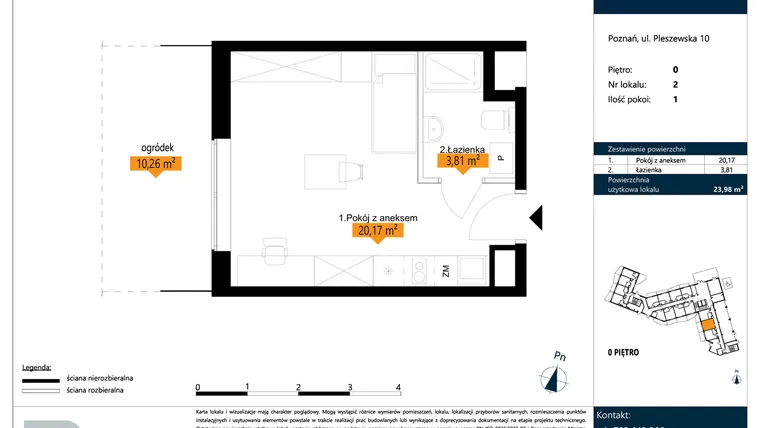 Rzut - Mieszkanie na sprzedaż 1 pokój o powierzchni 23,98 m² - numer B.0.2 w ŁACINA SPOT - apartamenty inwestycyjne